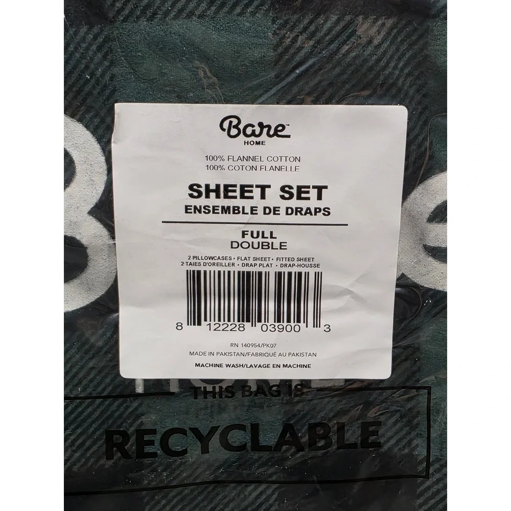 Bare Home Flannel Sheet Set Full 100% Cotton Green‎ Black Buffalo Plaid 4 Piece